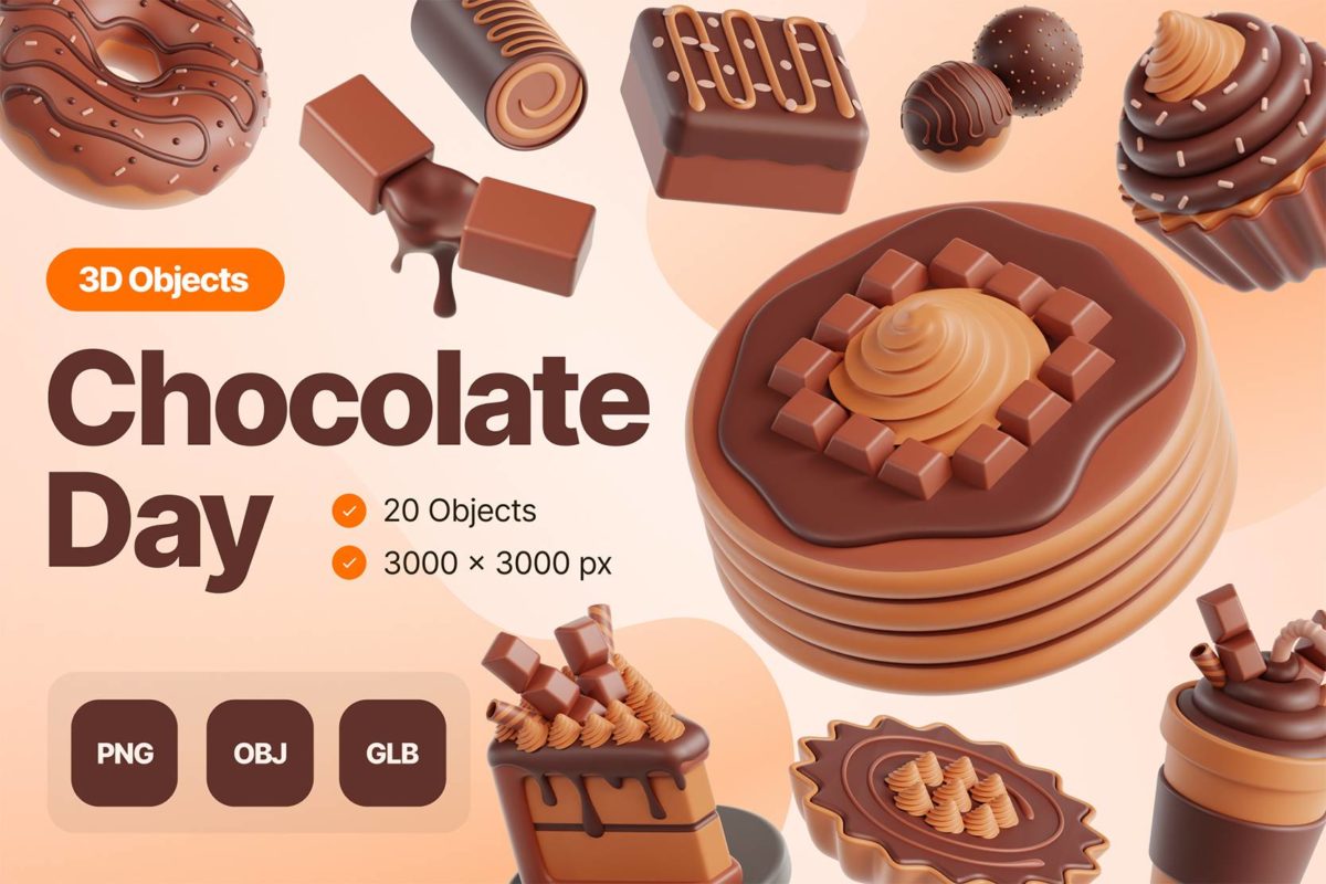 20款卡通趣味巧克力蛋糕糕点主题3D图标Icons设计素材包 Chocolate Day 3D Illustrations_img_1