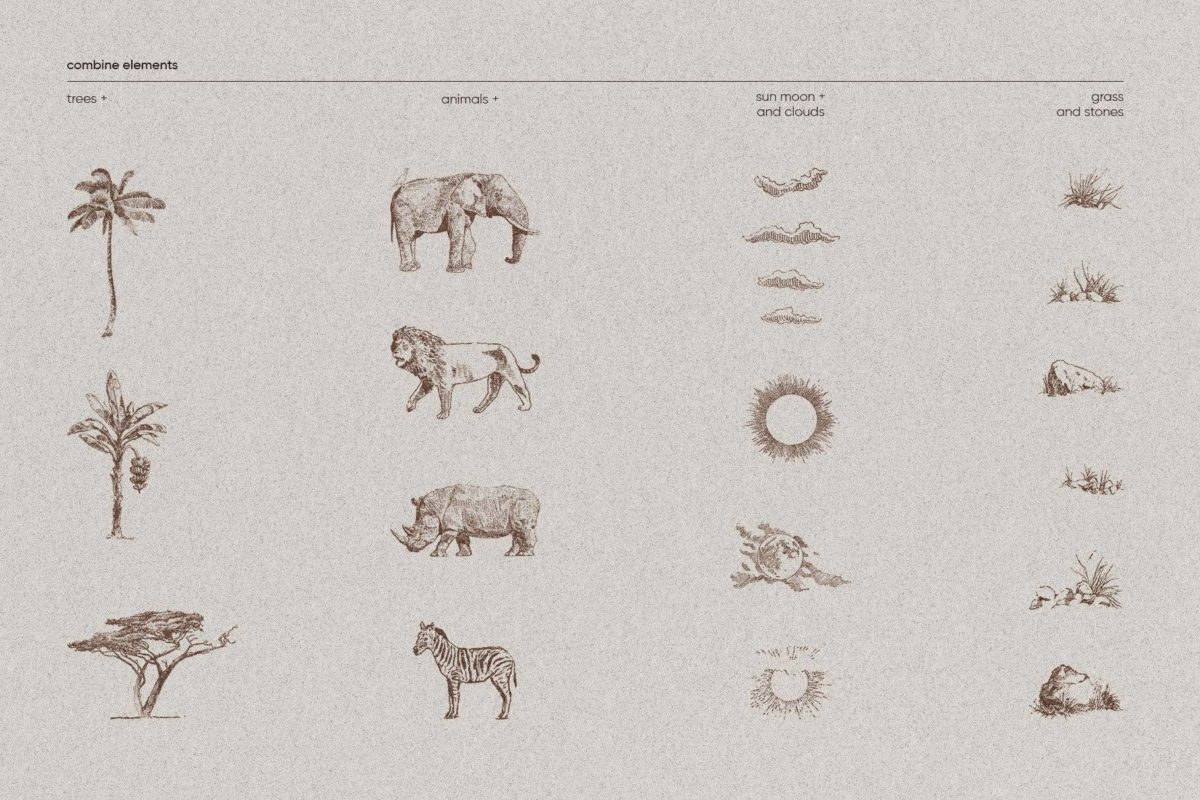 140+款复古老式非洲野生动物植物手绘插画插图AI矢量设计素材合集 Africa. Safari Animals and Trees_img_1