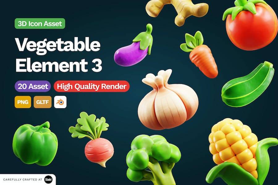 20款独特卡通蔬菜植物元素3D图标Icons设计素材包 3D Vegetable Element Icon Vol 3_img_1