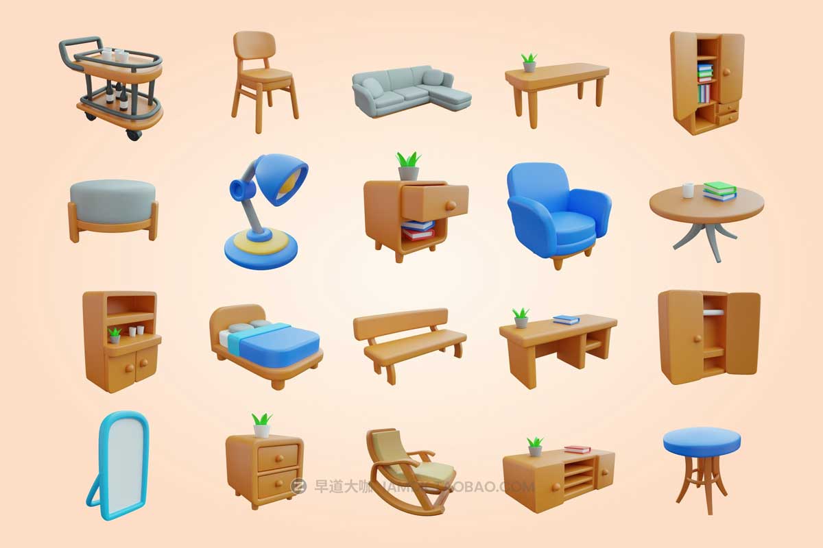 20款独特3D卡通住宅室内家具元素图标Icons设计素材包 3D Furniture Element Icon Vol 3_img_1