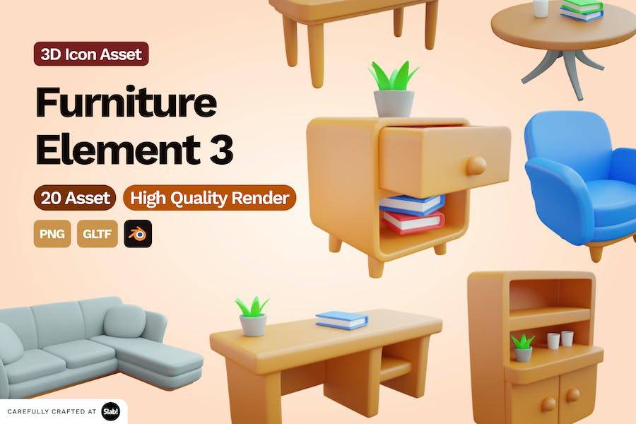 20款独特3D卡通住宅室内家具元素图标Icons设计素材包 3D Furniture Element Icon Vol 3_img_1