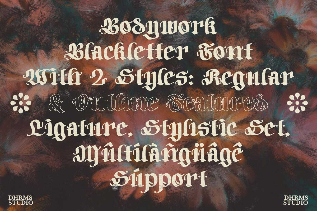 60年代复古经典Y2K风书籍杂志服装标题LOGO设计PSAI英文字体安装包 Bodywork - Modern Blackletter by Dharmas Studio_img_1