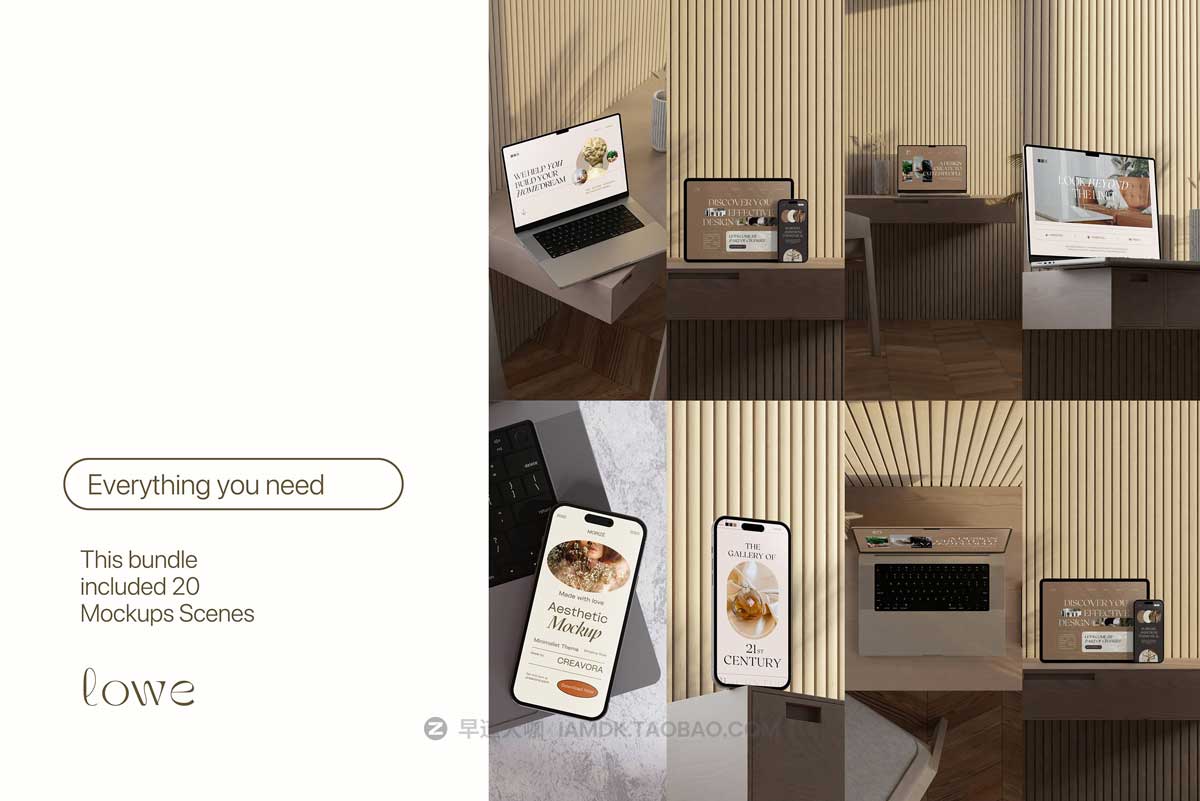 20款优雅北欧风室内场景苹果MacBook电脑iPad平板iPhone 14手机屏幕演示PSD样机模板 Lowe - Minimal Mockup Bundle_img_1