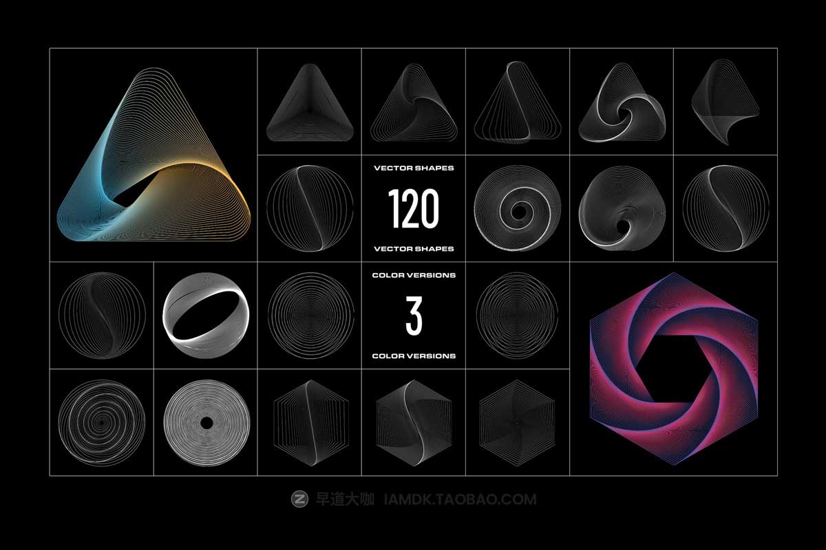 120款未来科幻科技三维螺旋网格旋涡几何图形背景底纹矢量设计素材 120 Geometric Vectors_img_1