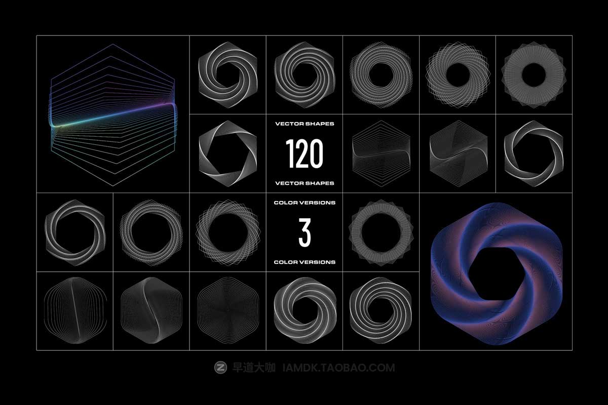 120款未来科幻科技三维螺旋网格旋涡几何图形背景底纹矢量设计素材 120 Geometric Vectors_img_1