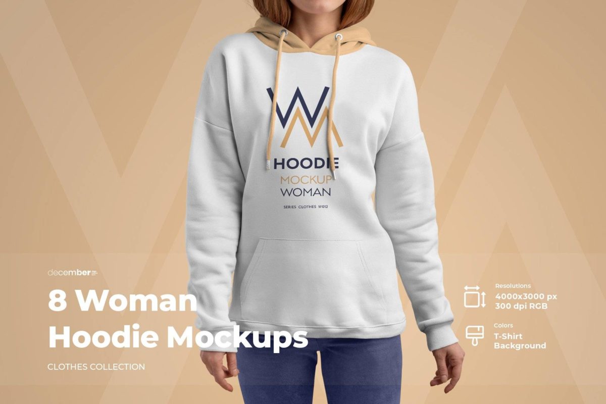 8款时尚女士连衣帽套头卫衣印花图案设计PS展示贴图样机模板 8 Mockups Woman Hoodie_img_1