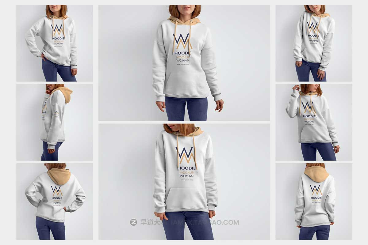 8款时尚女士连衣帽套头卫衣印花图案设计PS展示贴图样机模板 8 Mockups Woman Hoodie_img_1