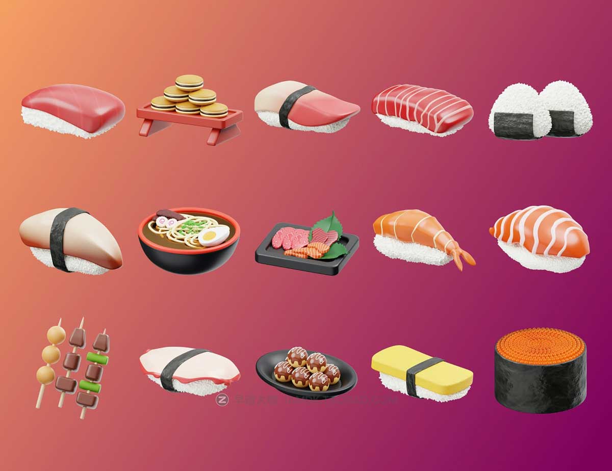 15款时尚日本料理寿司食物美食3D图标Icons设计素材包 Sushi Japanese Food 3D Icon_img_1