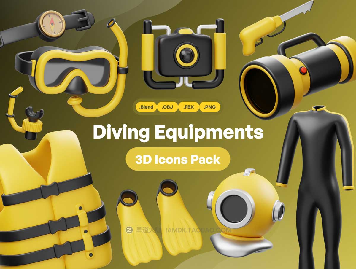 15款现代时尚游泳潜水水上救援设备3D图标Icons设计素材包 Diving Equipment 3D Icon_img_1