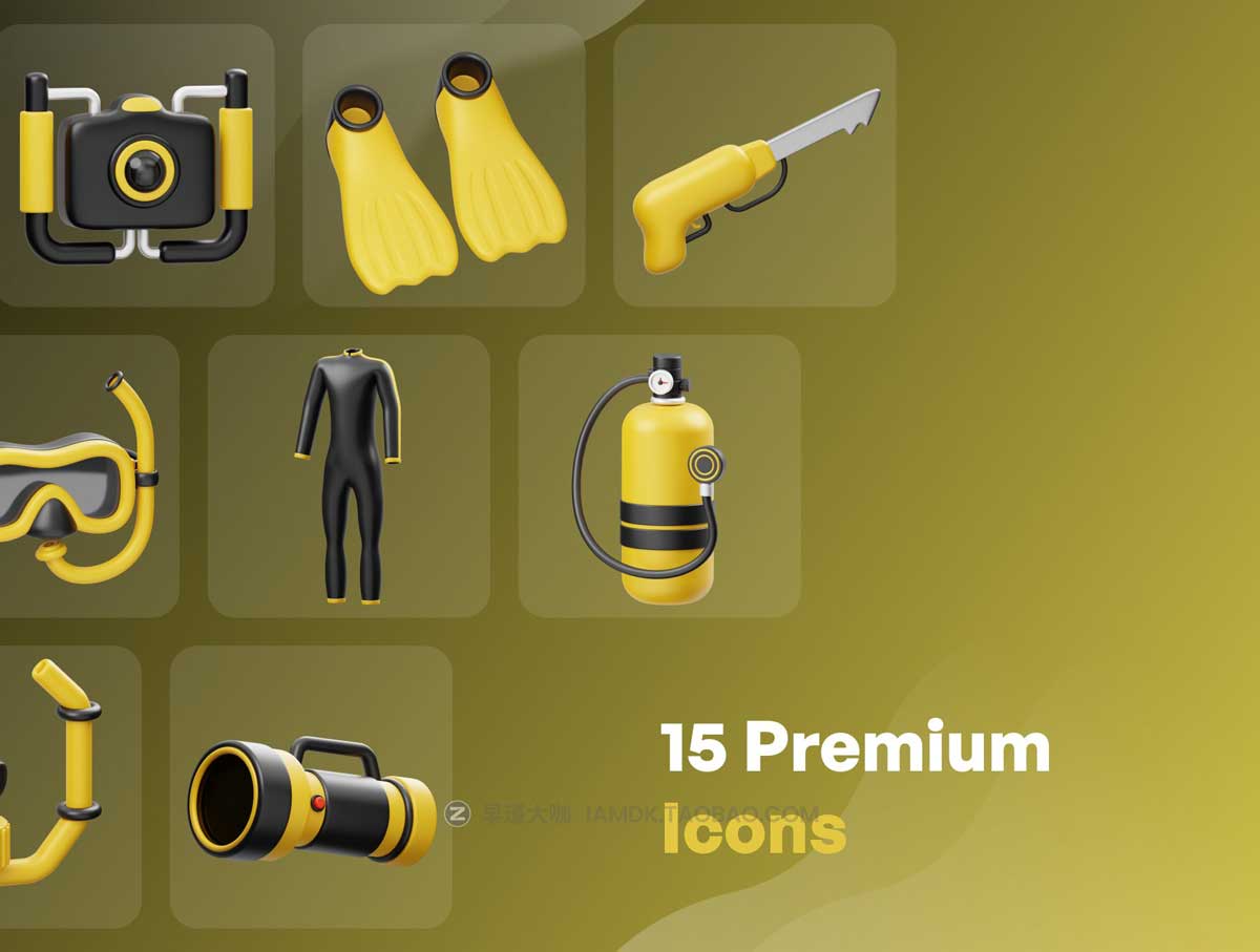 15款现代时尚游泳潜水水上救援设备3D图标Icons设计素材包 Diving Equipment 3D Icon_img_1