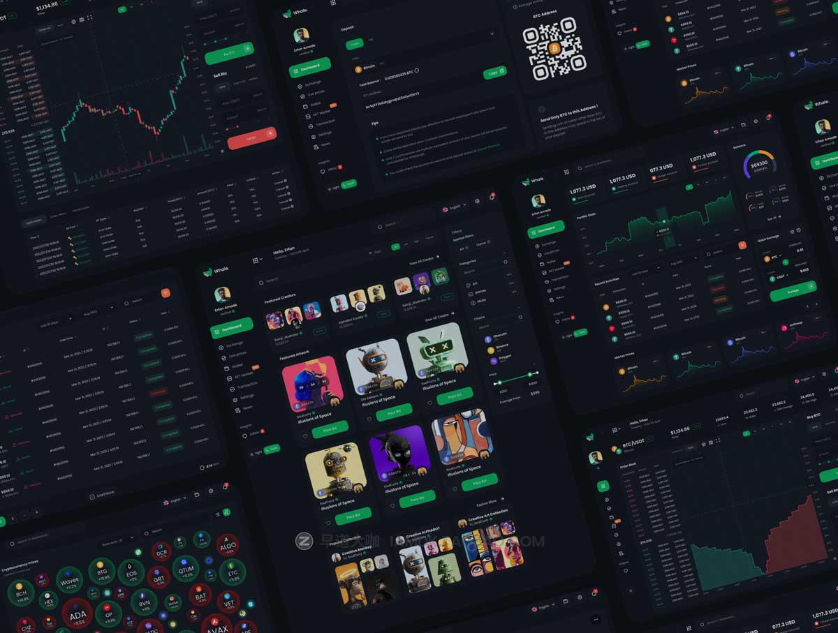 40+屏暗黑NFT加密货币在线交易平台网站这几设计Figma模板素材 Crypto Whale - Crypto & NFT Dashboard UI Kit_img_1