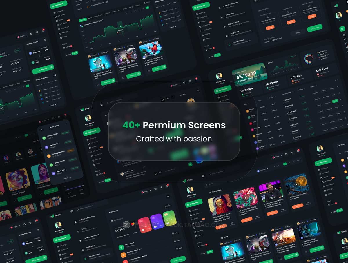 40+屏暗黑NFT加密货币在线交易平台网站这几设计Figma模板素材 Crypto Whale - Crypto & NFT Dashboard UI Kit_img_1