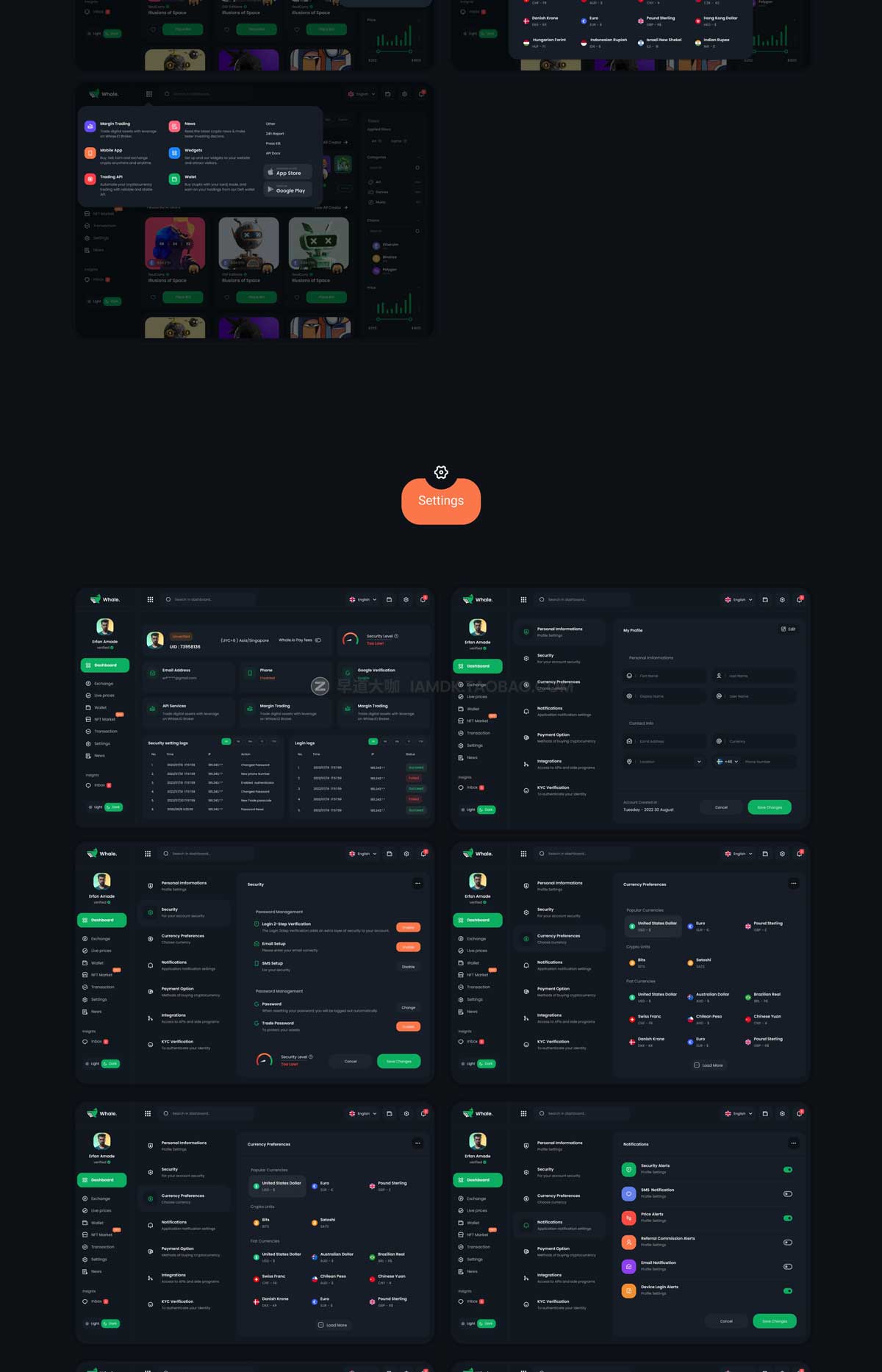 40+屏暗黑NFT加密货币在线交易平台网站这几设计Figma模板素材 Crypto Whale - Crypto & NFT Dashboard UI Kit_img_1