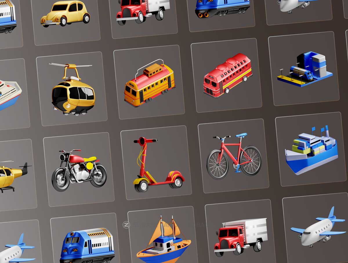 30款创意卡通交通工具车辆3D图标Icons设计素材包 30 3D Transportation Method Icons_img_1