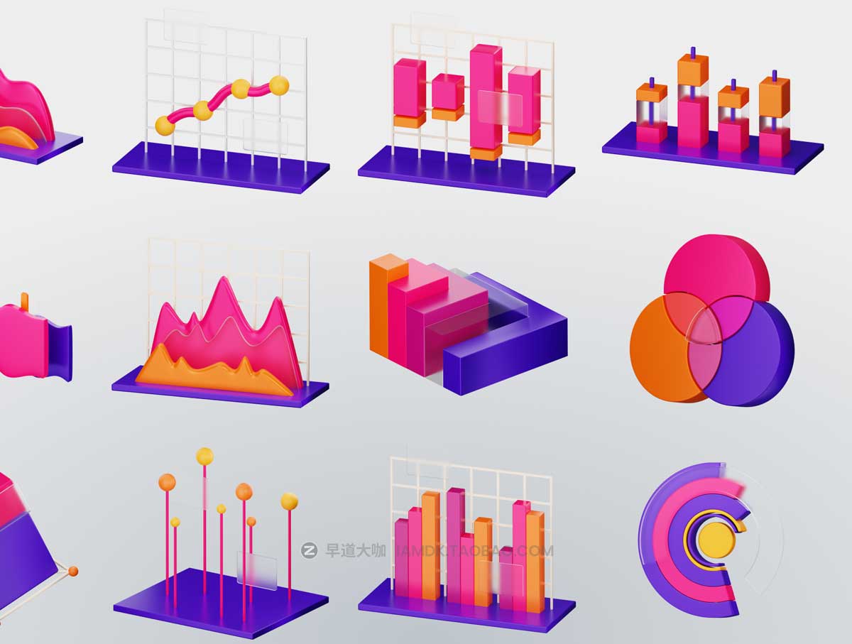 20款时尚独特信息图表数据统计3D图标Icons设计素材合集 Charty - Chart & Statistic 3D Icon Set_img_1