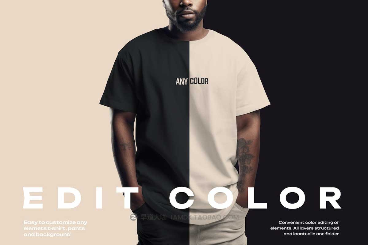 时尚男士短袖T恤印花图案设计展示效果图PSD样机模板素材 5 T-shirt Mockups on African American Man. Generated Ai_img_1