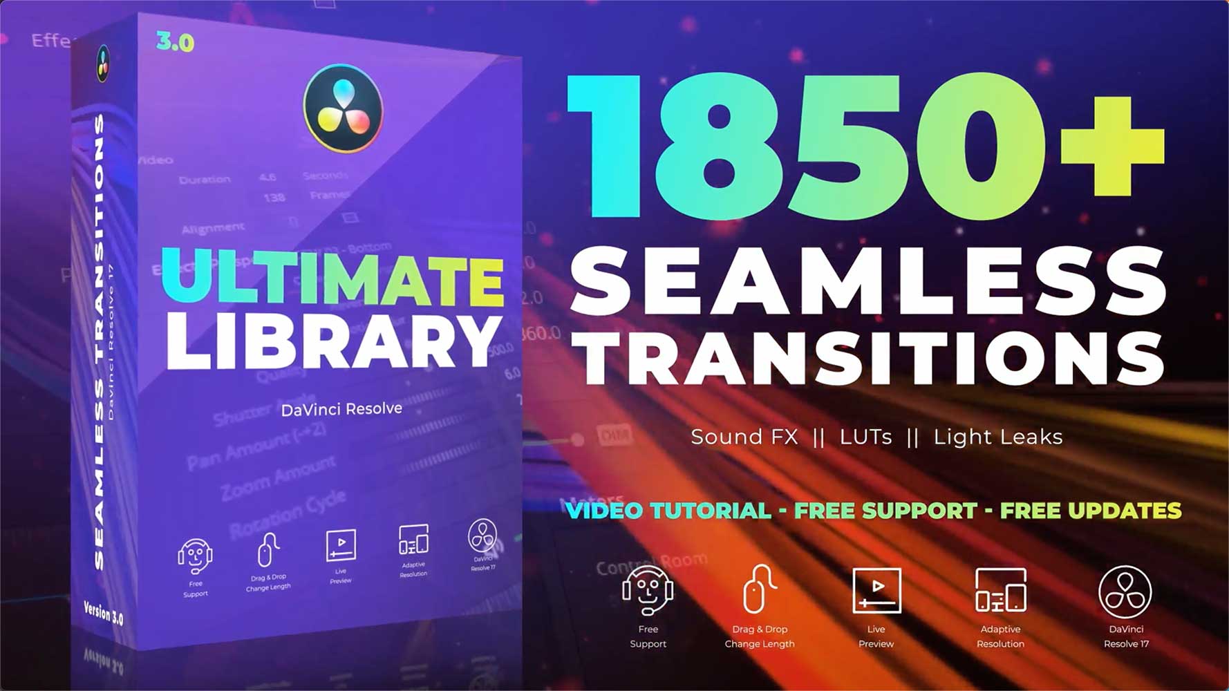 达芬奇预设 1850个无缝转场耀斑漏光音效调色LUT音效素材包 Seamless Transitions for DaVinci Resolve_img_1