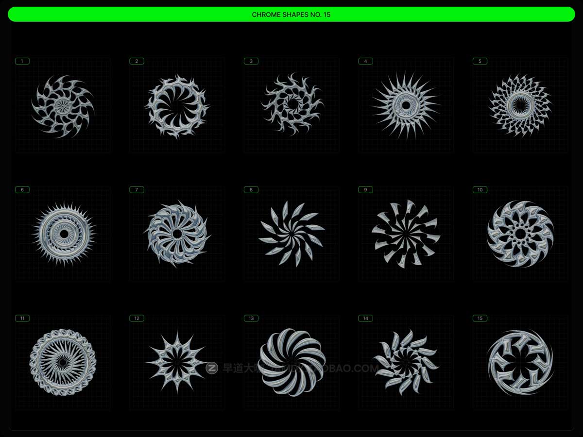 Blender模型 70款潮流酸性艺术未来派镀铬镭射金属3D抽象装饰元素设计素材 Enigma Chrome Set_img_1