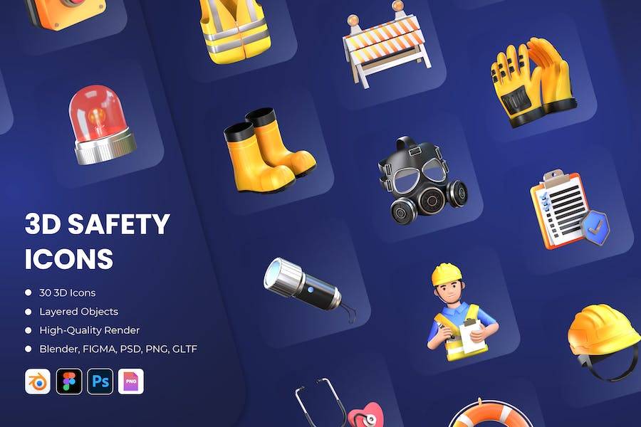 30个卡通趣味工程危险安全防护主题3D图标Icons设计素材包 3D Safety Icons_img_1