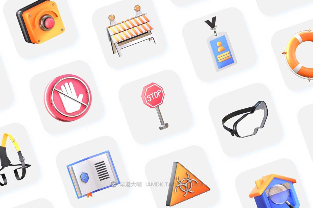 30个卡通趣味工程危险安全防护主题3D图标Icons设计素材包 3D Safety Icons_img_1