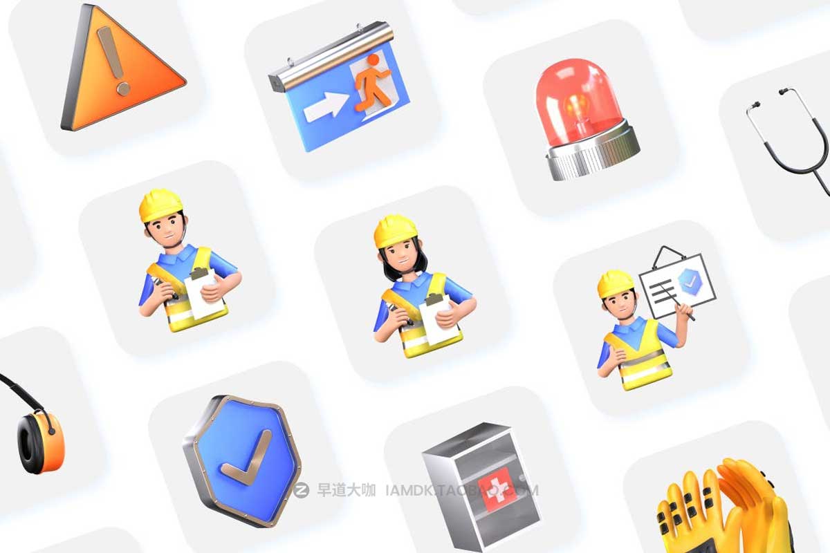 30个卡通趣味工程危险安全防护主题3D图标Icons设计素材包 3D Safety Icons_img_1