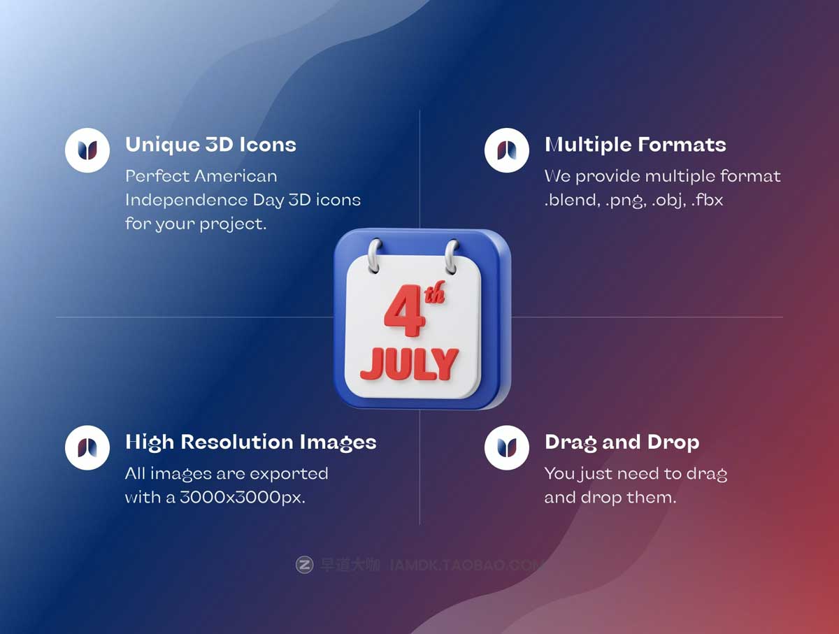 Blender模型 15款卡通趣味美国独立日主题3D立体图标Icons设计素材包 American Independence Day 3D Icon_img_1