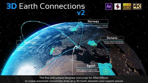 AE模板 科技感三维地球世界地图任意国家地点连线动画 Videohive - 3D Earth Connections V2_img_1