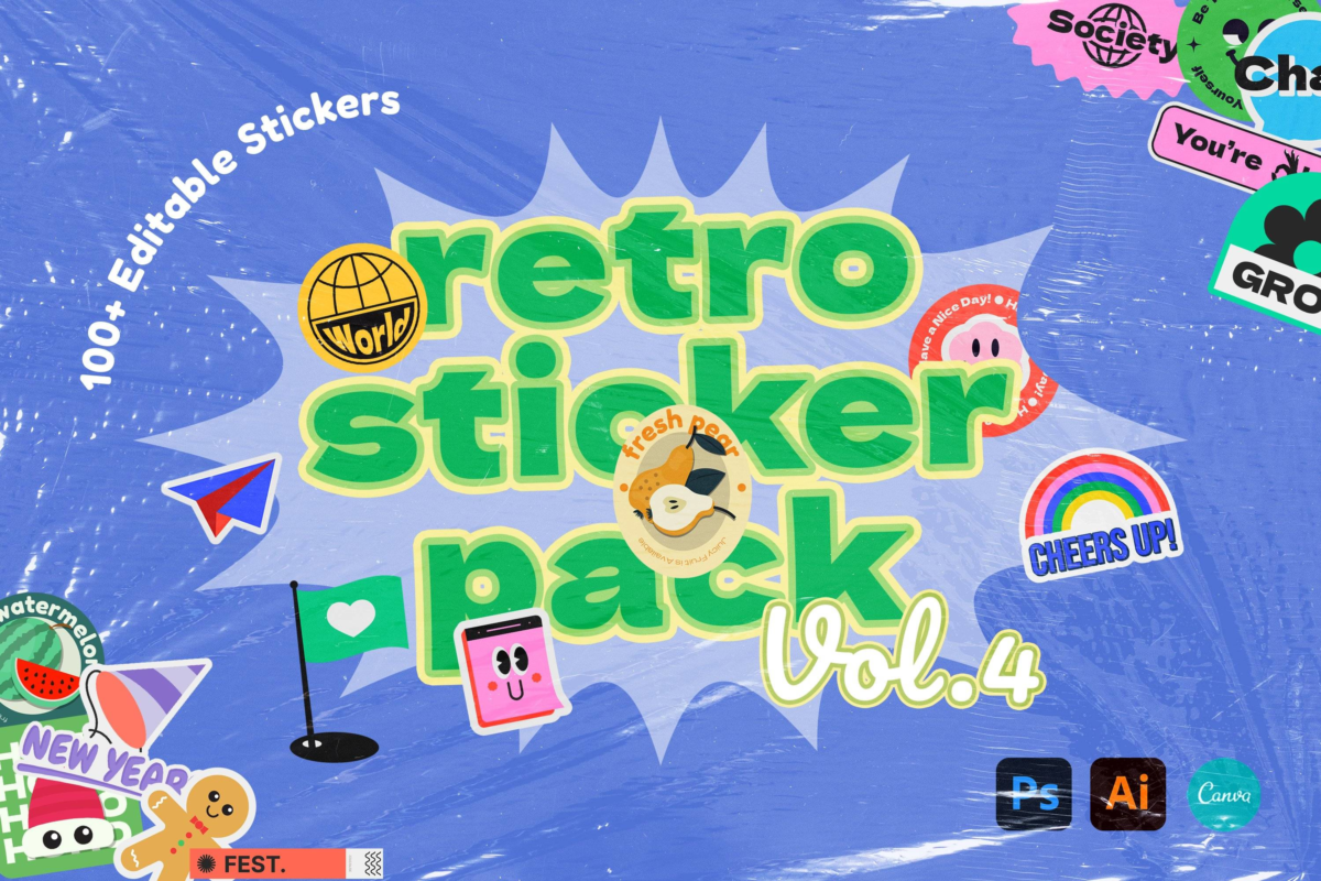 100款潮流复古趣味卡通Y2K贴纸标签设计素材AI矢量源文件 Retro Sticker Pack Vol.4_img_1