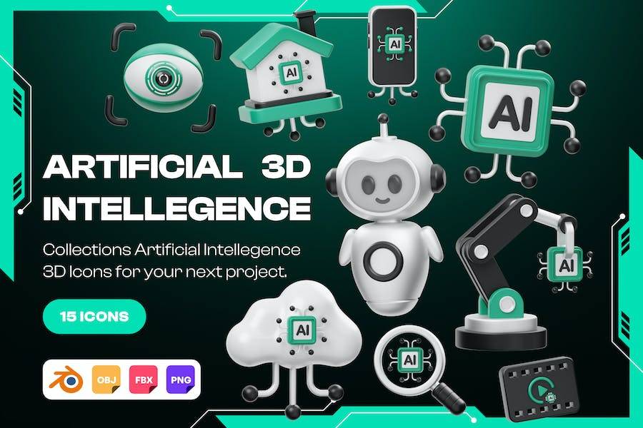 Blender模型 15款高级未来网络科技人工智能AI信息数据3D立体图标Icons设计素材 Artificial Intelligence 3D Illustration_img_1