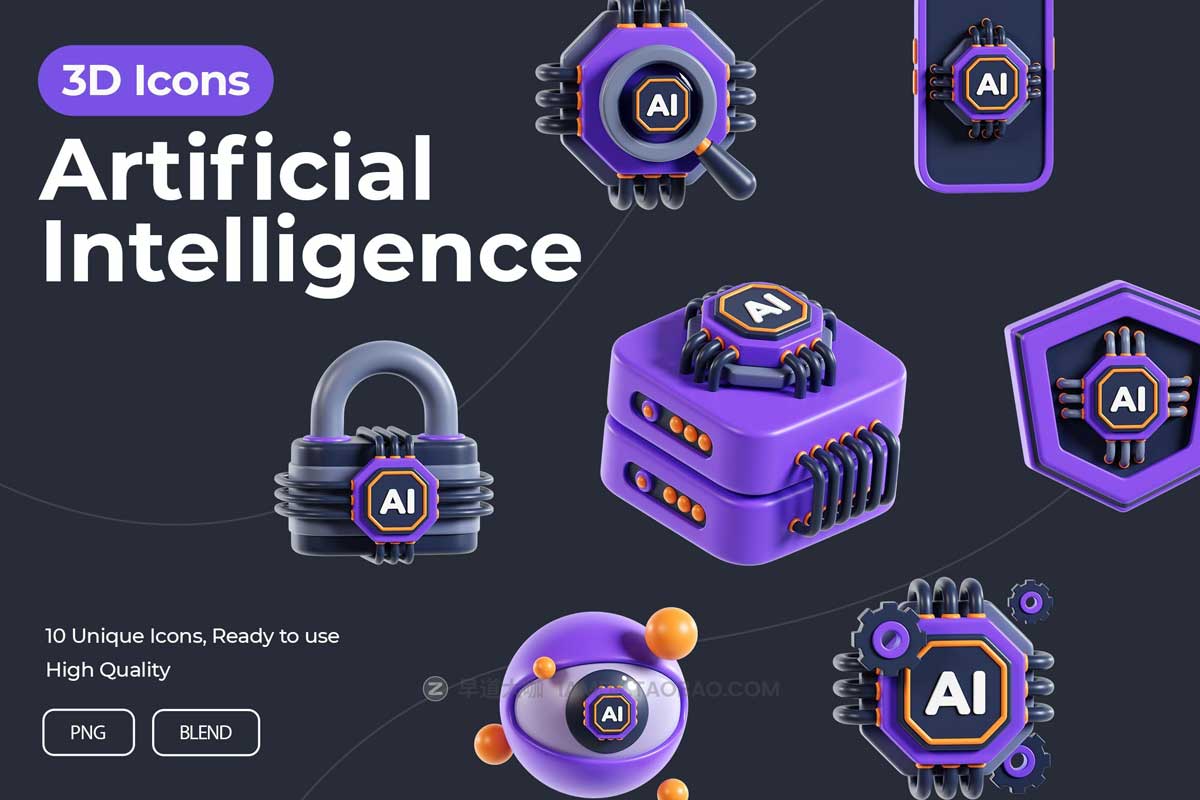 Blender模型 10款高级人工智能AI网络科技数据加密3D立体图标Icons设计素材 Artificial Intelligence 3D Icon_img_1