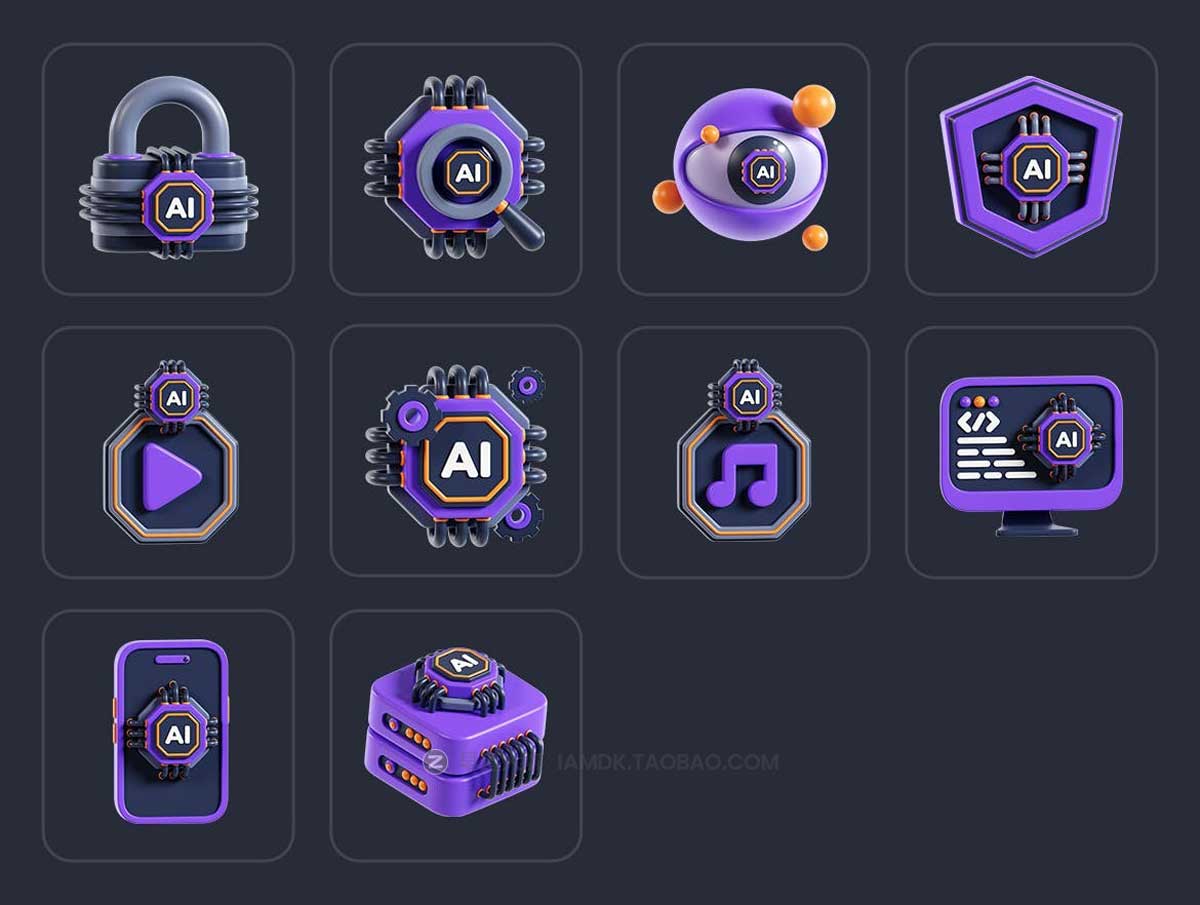 Blender模型 10款高级人工智能AI网络科技数据加密3D立体图标Icons设计素材 Artificial Intelligence 3D Icon_img_1