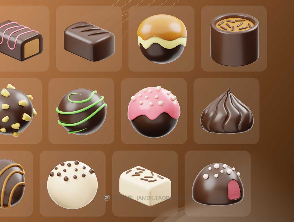 Blender模型 20款卡通有趣巧克力糕点甜点3D三维图标Icons设计素材 Chocolate 3D Icon_img_1