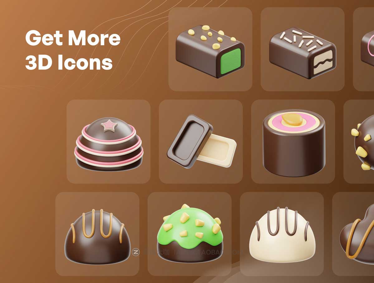 Blender模型 20款卡通有趣巧克力糕点甜点3D三维图标Icons设计素材 Chocolate 3D Icon_img_1