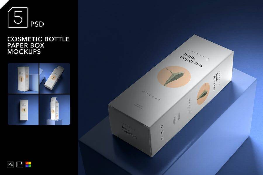 长矩形化妆品包装纸盒外观设计PS展示贴图样机模板素材 Cosmetic Bottle Paper Box Mockups_img_1