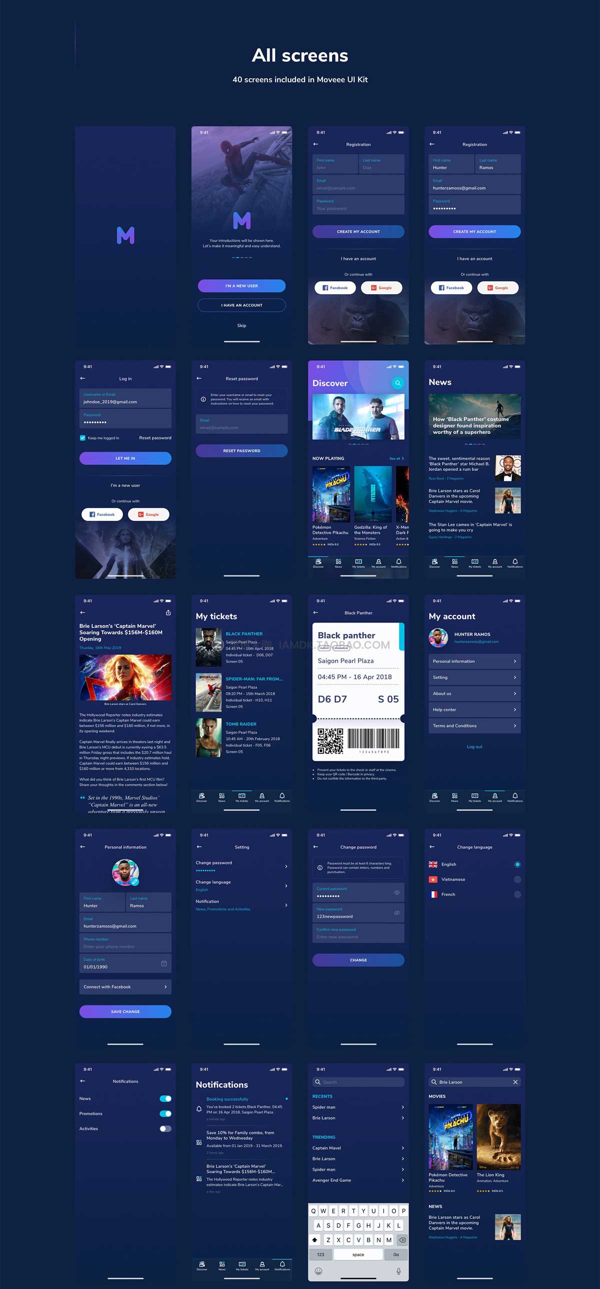 40+屏优质电影视频短视频APP软件界面设计Sketch模板素材 Moveee - Movie UI Kit_img_1