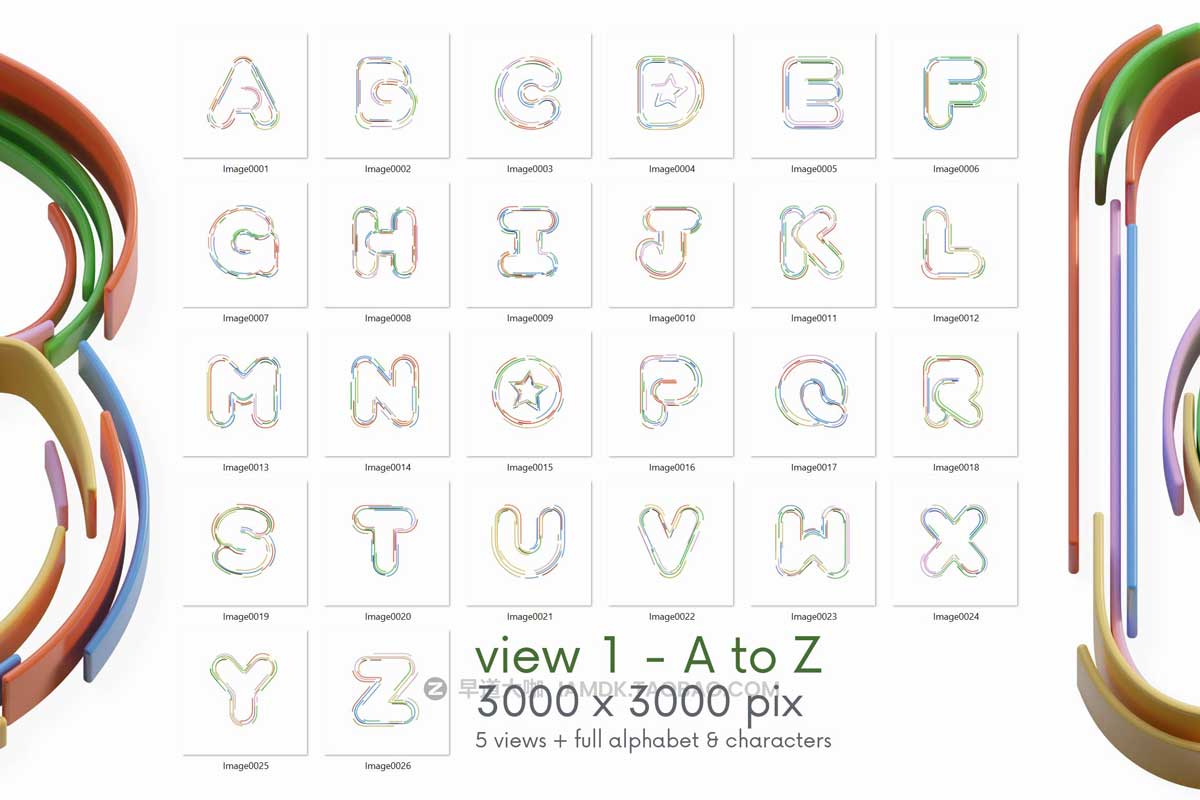 创意卡通俏皮有趣彩色条纹轮廓3D英文字母数字PNG免抠图设计素材 Color Stripes - 3D Lettering_img_1