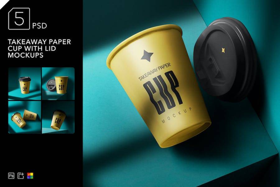 5款时尚一次性外卖咖啡纸杯设计展示贴图PSD样机模板 Takeaway Paper Cup With Lid Mockups_img_1