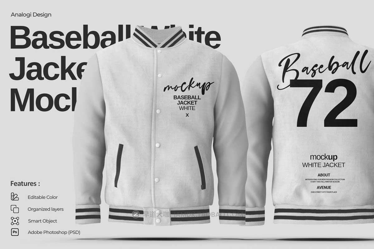 时尚男士白色棒球服夹克衫设计展示效果图PSD样机模板素材 Baseball White Jacket Mockup_img_1