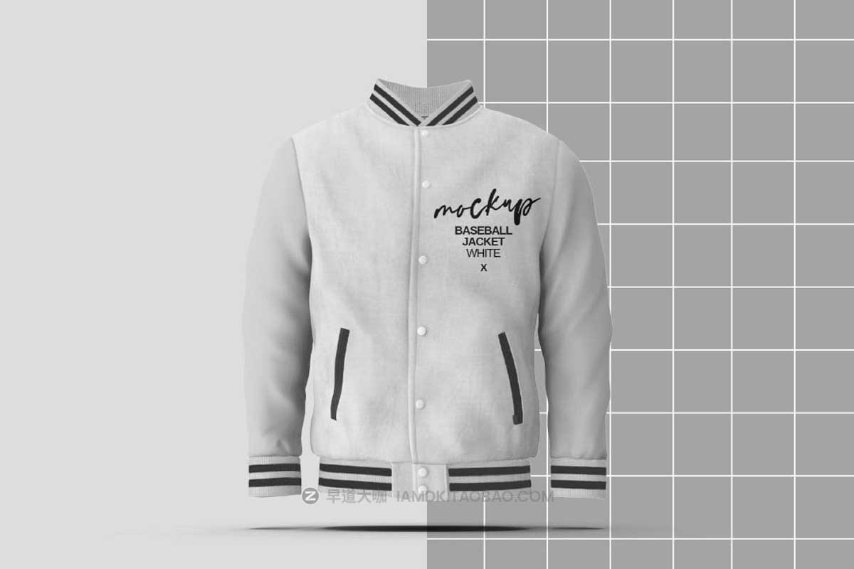 时尚男士白色棒球服夹克衫设计展示效果图PSD样机模板素材 Baseball White Jacket Mockup_img_1