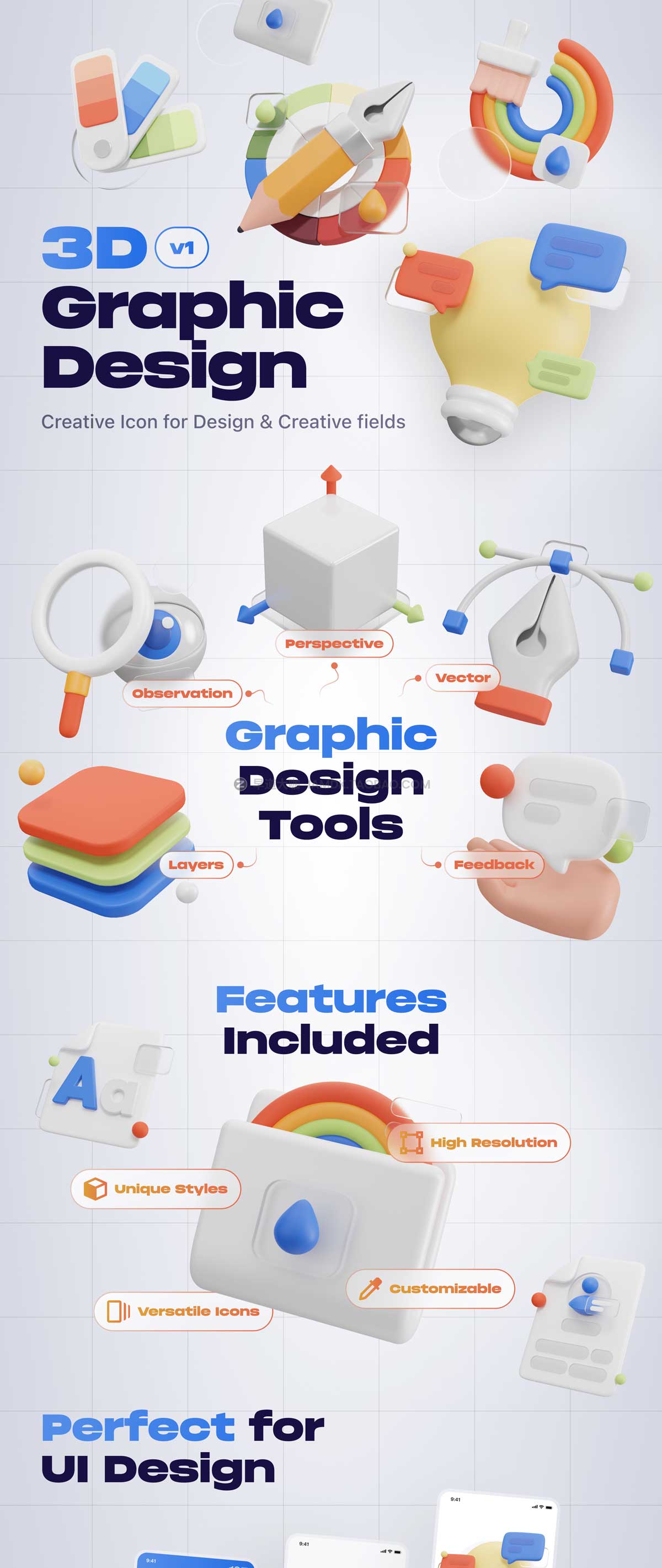 Blender模型 20款创意卡通3D立体设计师灵感制图绘画插图插画设计素材 Graphy - Graphic Design 3D Icon Set_img_1