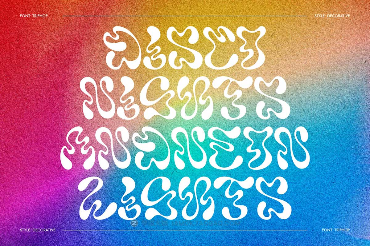 60年代复古迷幻扭曲实验性逆反差PSPROCREATE英文字体安装包设计素材 Triphop Decorative Typeface_img_1