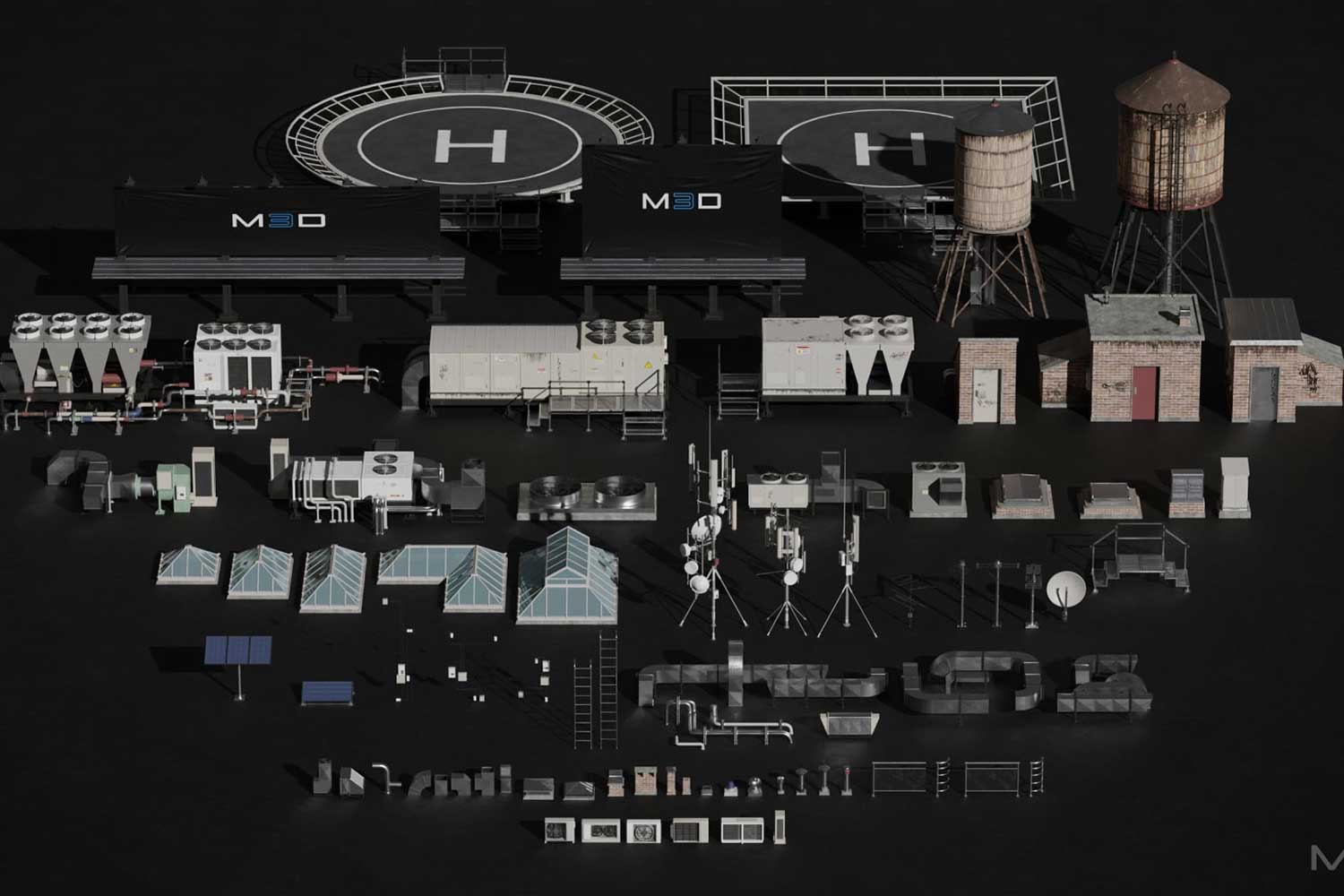 Blender模型 屋顶停机坪空调水塔广告牌等物品器具3D模型素材包 M3D Rooftop Props Collection – 3D Model_img_1