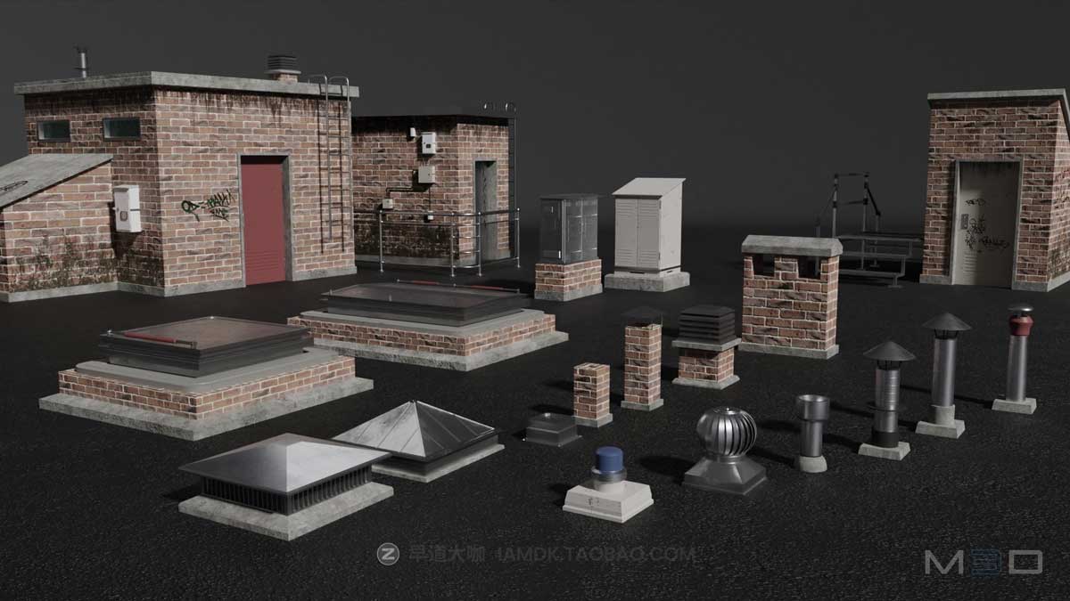 Blender模型 屋顶停机坪空调水塔广告牌等物品器具3D模型素材包 M3D Rooftop Props Collection – 3D Model_img_1