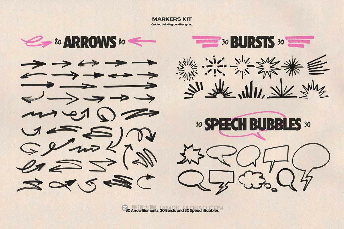 850+嘻哈复古Y2K涂鸦马克笔笔触箭头标记形状图形PS笔刷纸张肌理设计套装 Markers Kit by Indieground_img_1