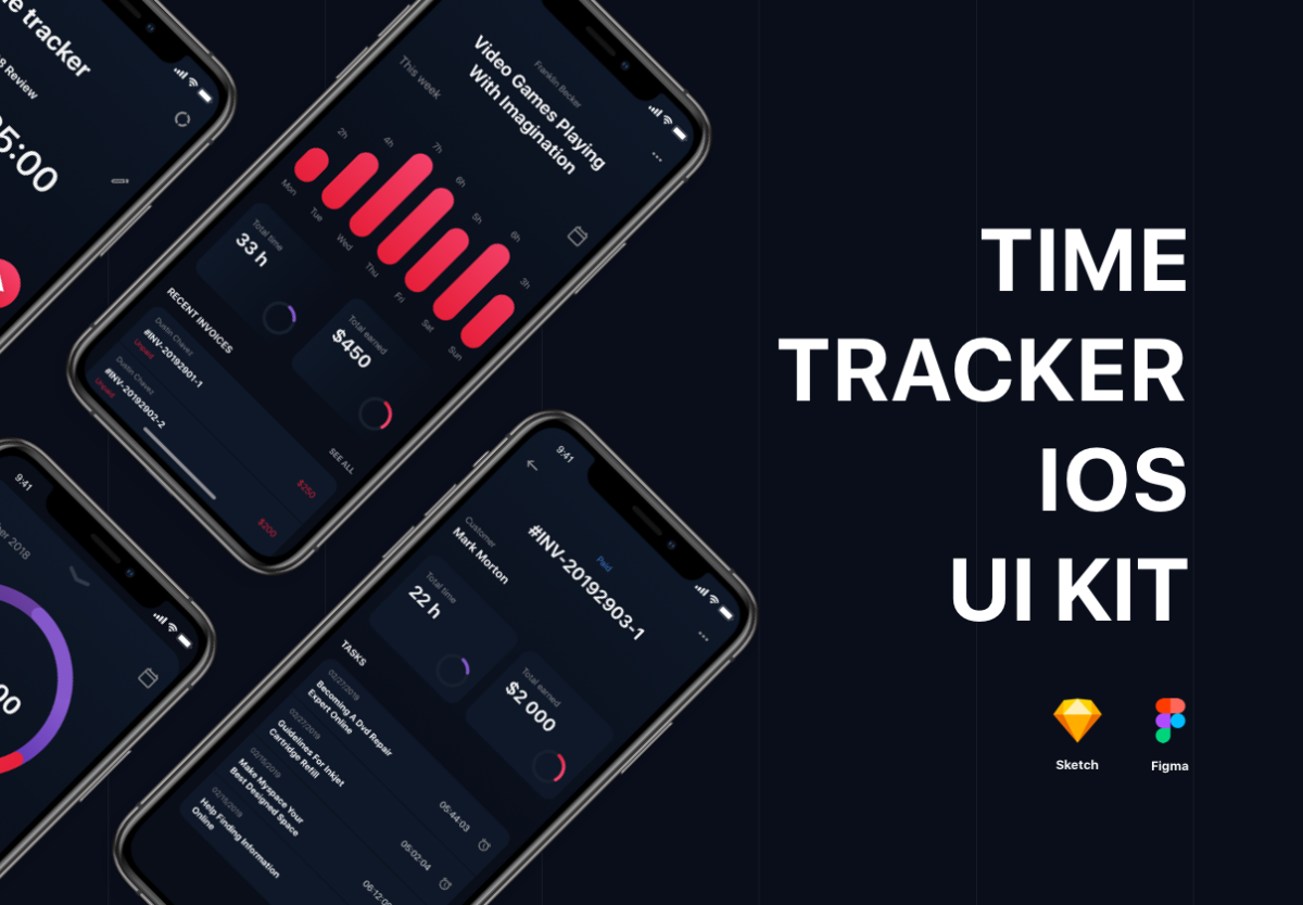 30+屏高级时间跟踪器计时软件APP界面设计Figma&Sketch模板素材 Timetracker iOS UI Kit_img_1