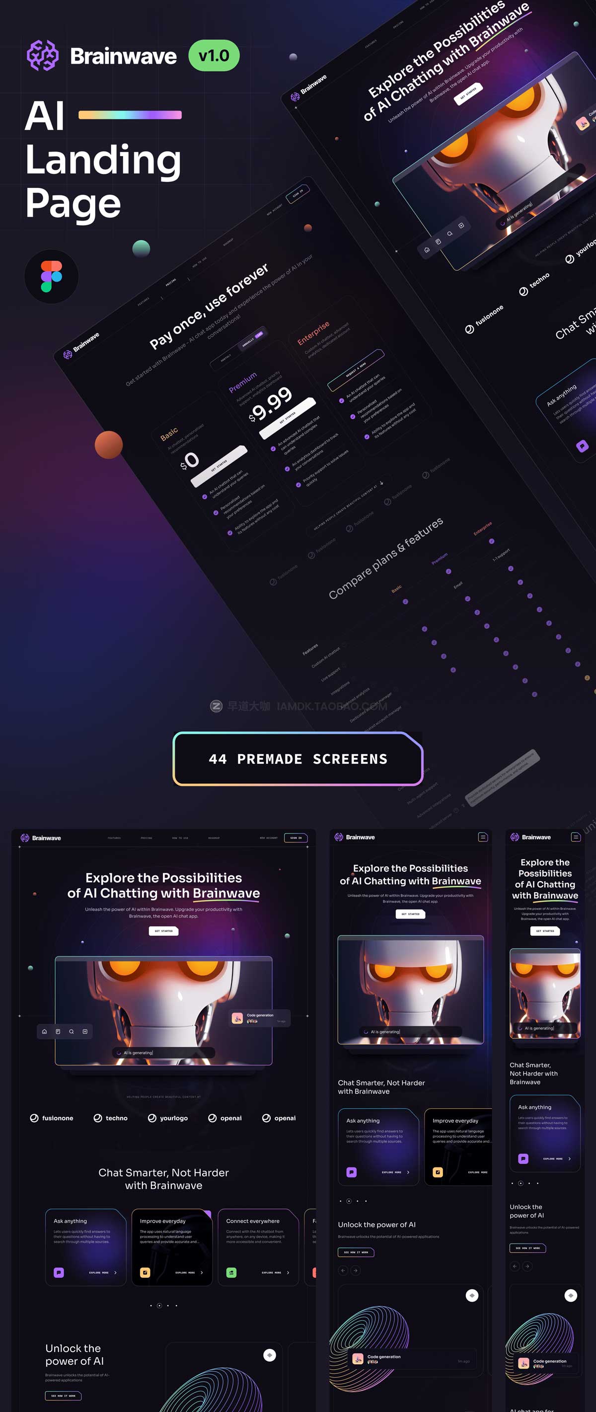 全套Ai人工智能科技网站首页登录页网页UI界面设计Fig模板+源代码素材 Brainwave - AI Landing Page Kit_img_1