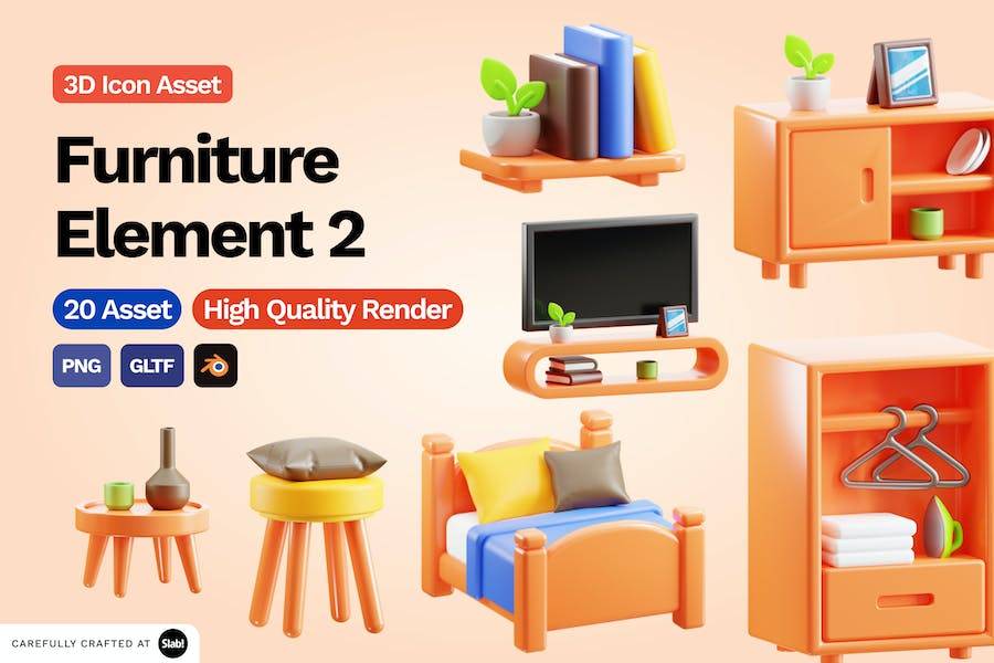 Blender模型 20款独特卡通家具元素3D立体图标Icons设计素材包 3D Furniture Element Icon Vol 2_img_1