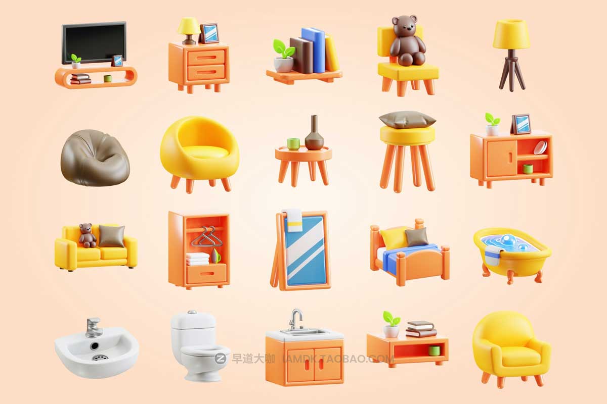 Blender模型 20款独特卡通家具元素3D立体图标Icons设计素材包 3D Furniture Element Icon Vol 2_img_1