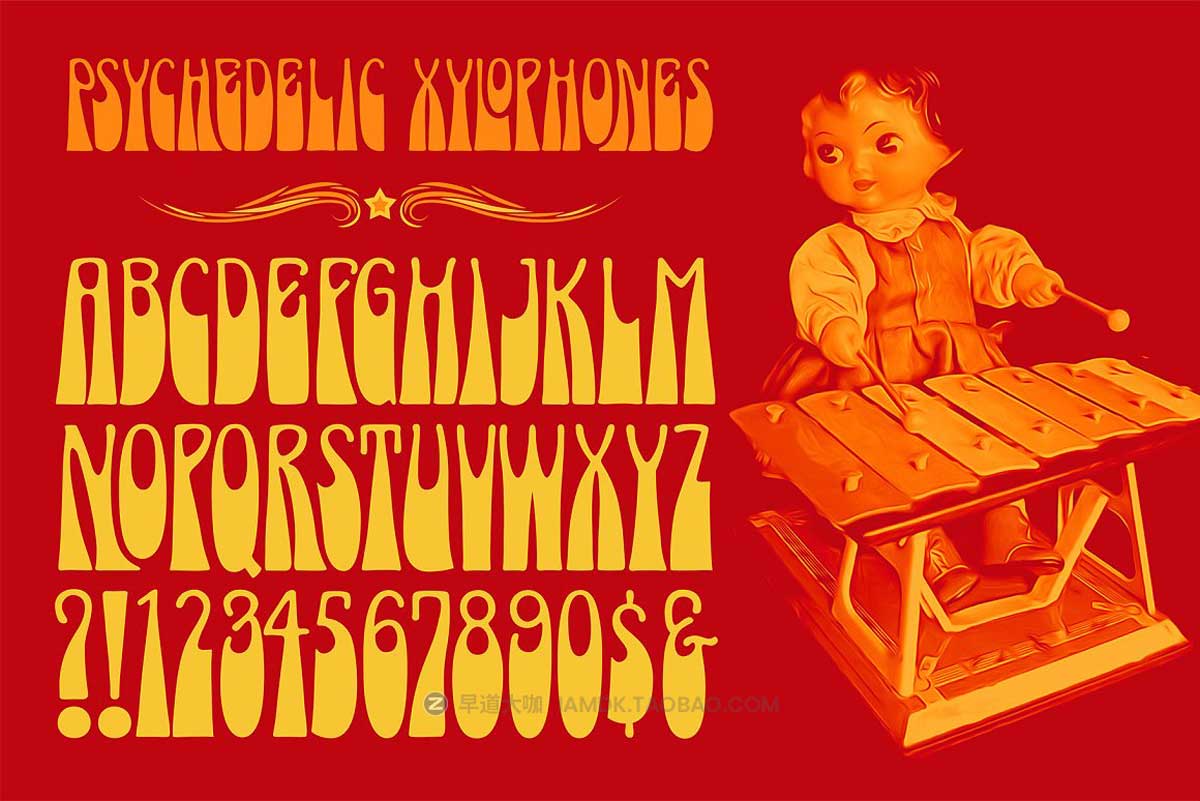 60年底复古迷幻逆反差扭曲海报标题LOGO设计PSPROCREATE西文字体安装包 Psychedelic Xylophones Font_img_1