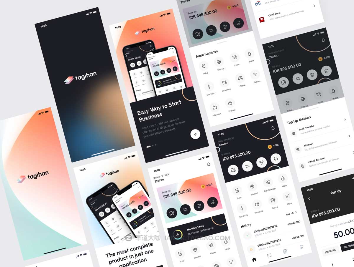 70+屏时尚银行金融理财电子钱包APP软件界面设计UI套件素材 Tagihan Payment Point Online Bank App_img_1